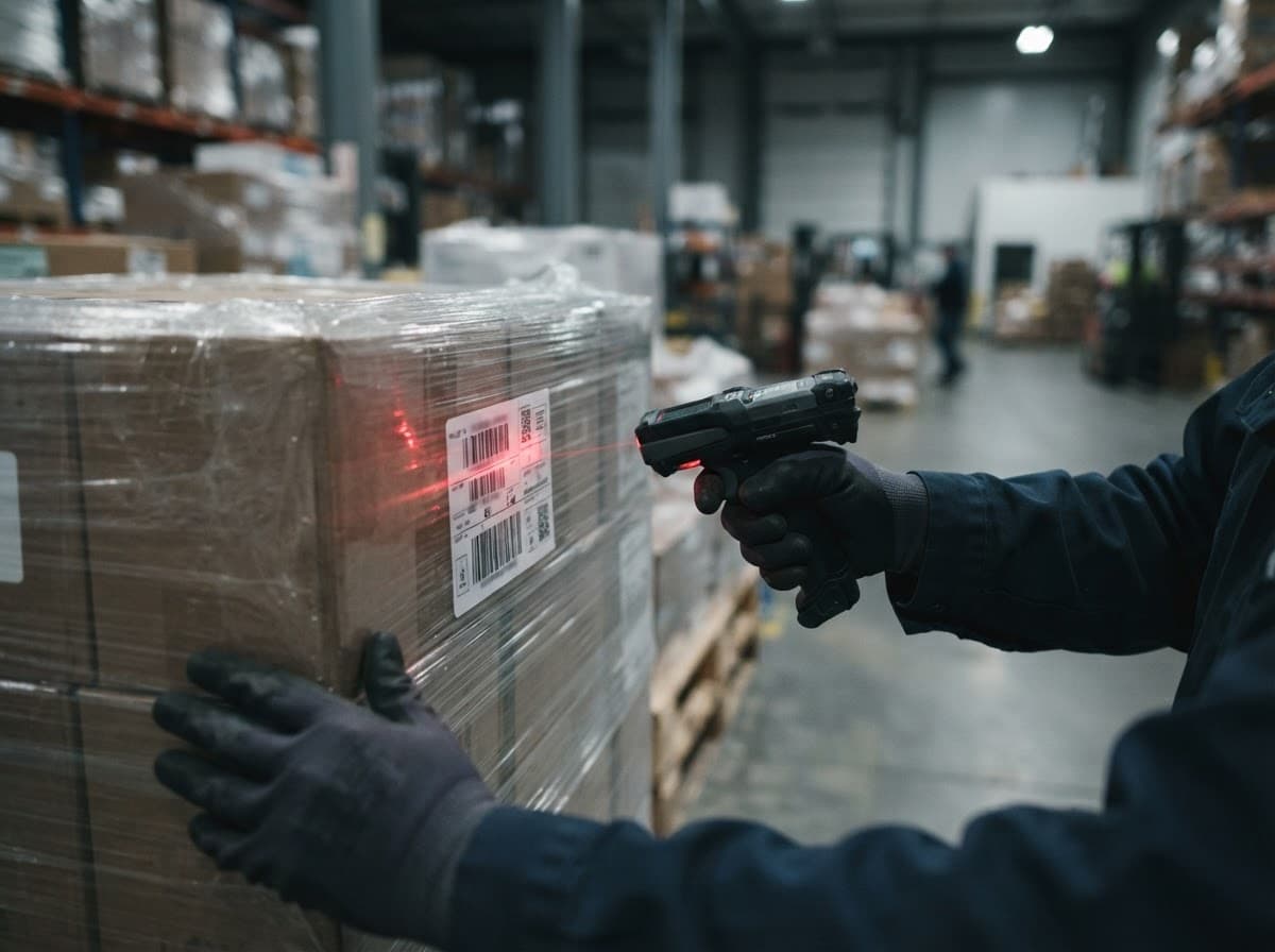 Warehouse worker scanning a barcode label on a shrink-wrapped pallet with a handheld scanner