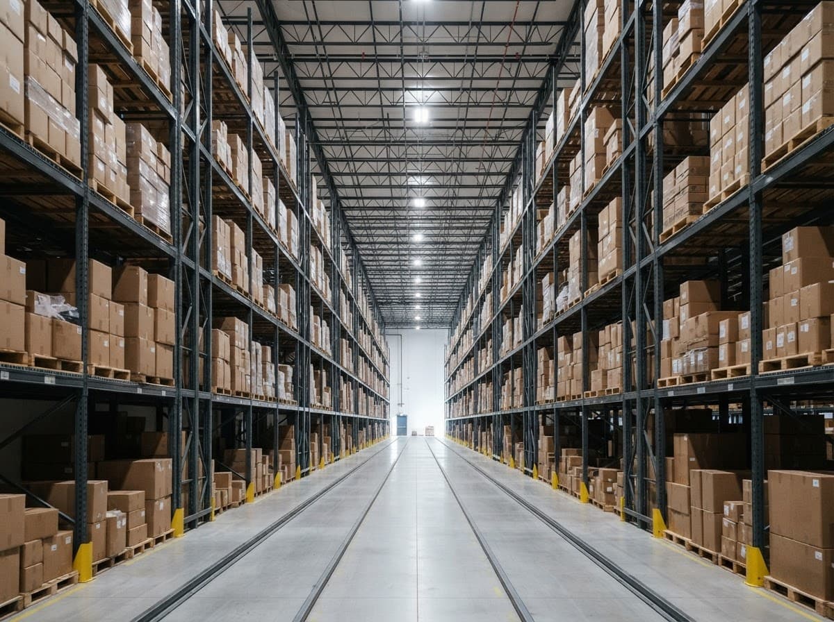 High-bay distribution center aisle with tall racking full of cartons