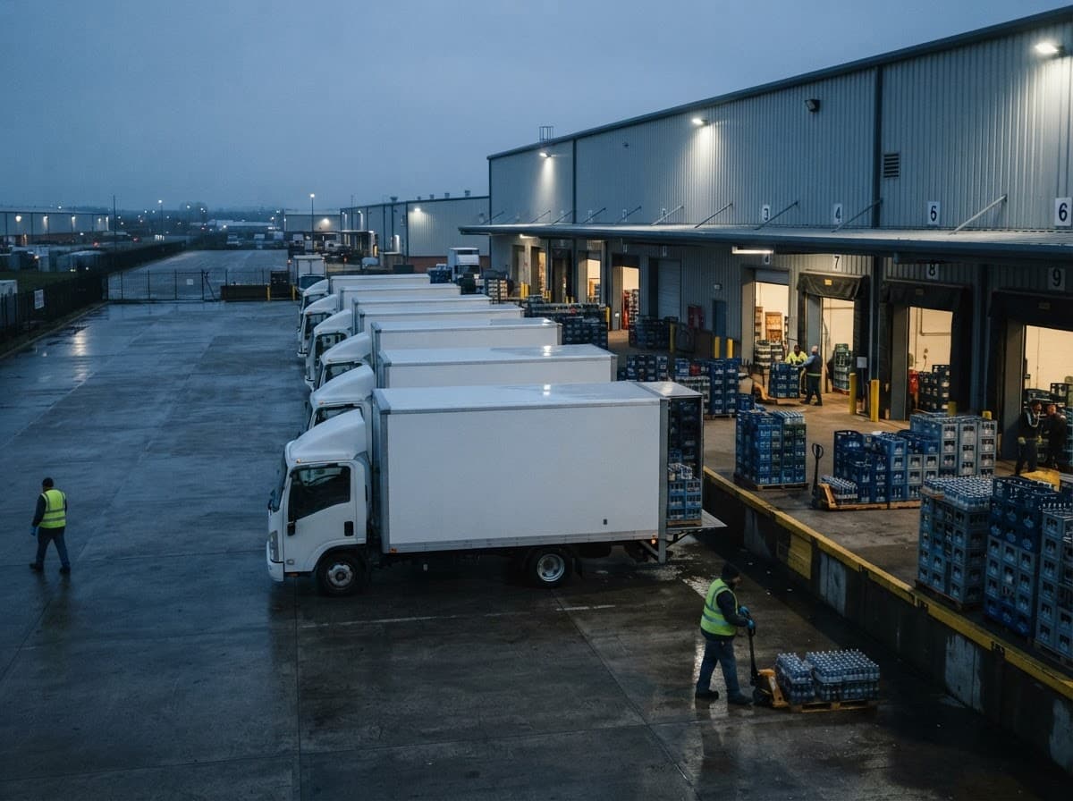 Fleet of delivery trucks loading pallets of beverage crates at a distribution warehouse dock