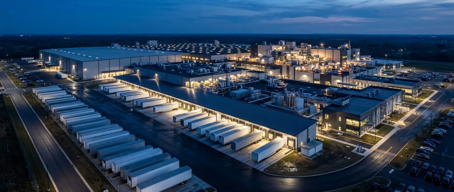 Aerial view at dusk of a food and beverage manufacturing plant with trailers lined up at its distribution docks