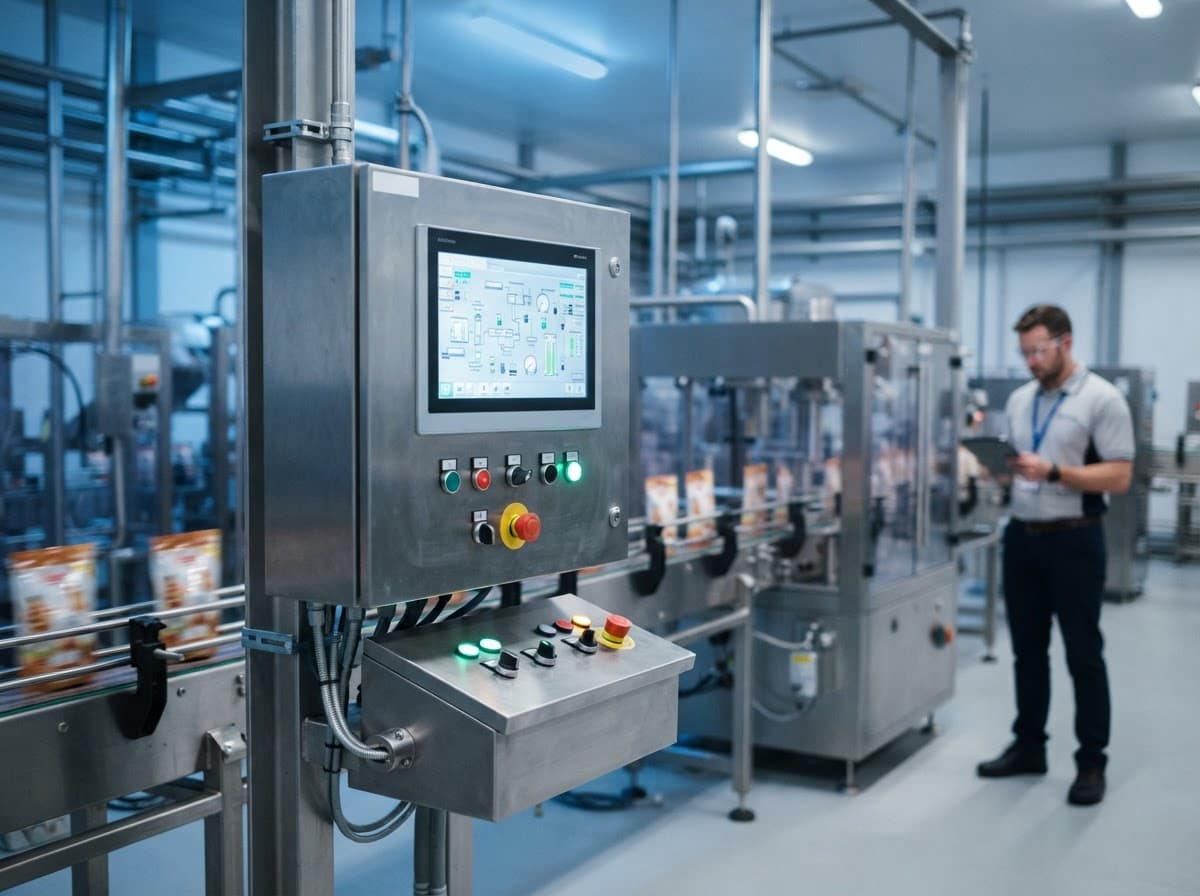 Industrial control panel and HMI touchscreen on a food manufacturing production line